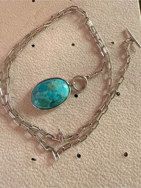 ✨New✨Sterling Silver Paperclip Necklace with Turquoise Oval Pendant - Blue